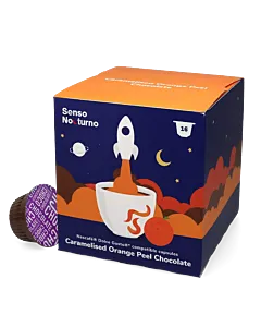 Senso Nocturno Caramelised Orange Peel Chocolate package and capsule for Dolce Gusto
